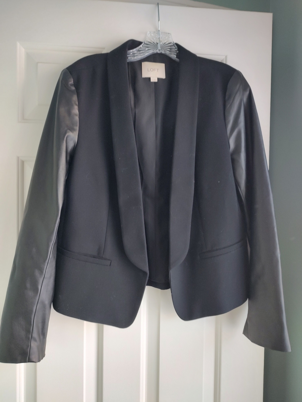 LOFT Black Open-Front Blazer with Faux-Leather Sleeves